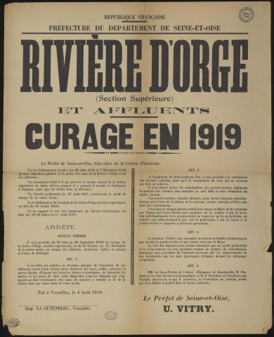 Seine-et-Oise [Département]. - Arrêté préfectoral de curage de la rivière d'Orge [section supérieure] et affluents, 4 août 1919. 