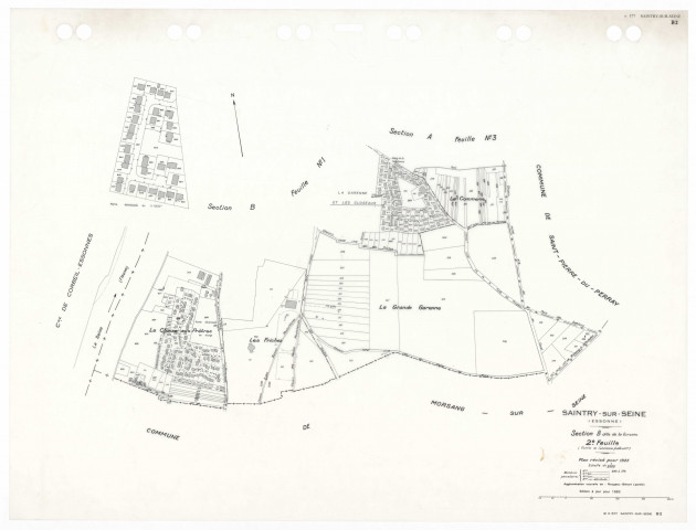 SAINTRY-SUR-SEINE, plans minutes de conservation : tableau d'assemblage,1945, Ech. 1/5000 ; plan de section B2, 1945, Ech. 1/2500. Polyester. N et B. Dim. 105 x 80 cm [2 plans]. 