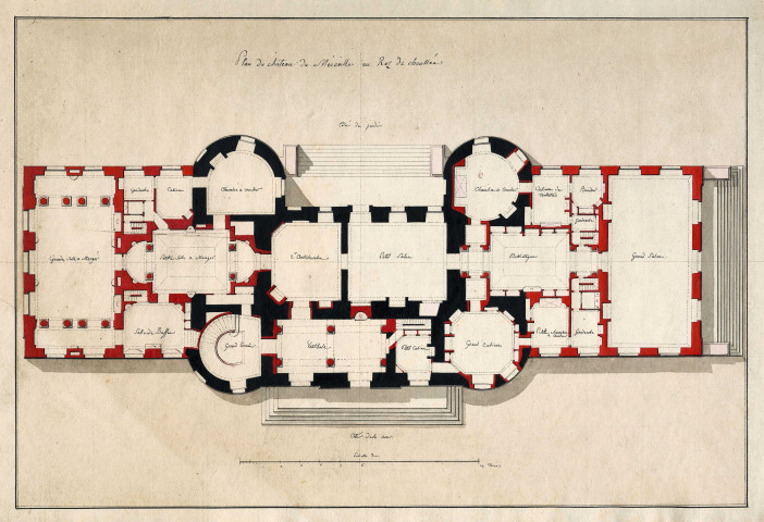 Plan du château de MEREVILLE au rez-de-chaussée, par l'architecte BARRE, [fin XVIIIe siècle]. Ech. 12,8 cm = 12 toises. Coul. Dim. 0,43 x 0,31. 