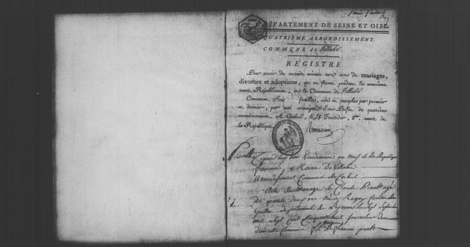 VILLABE. Naissances, mariages, décès : registre d'état civil (an IX-1811). [Nota bene : publications de mariages (an X)]. 