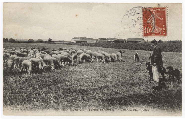 MENNECY. - Ferme de Laverville - Scène champêtre : troupeau de moutons au pâturage . Imprimerie Gourgeois, 1907, timbre à 10 centimes. 