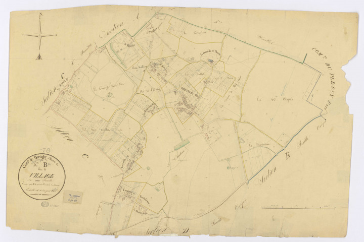 BRETIGNY-SUR-ORGE. - Section B - Village (le), ech. 1/2500, coul., aquarelle, papier, 63x95 (1820). 