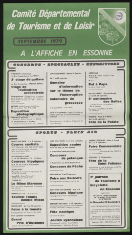 EVRY.- A l'affiche en Essonne : programme culturel, Comité départemental du tourisme et de loisirs, septembre 1979. 