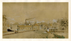 CORBEIL-ESSONNES.-La papeterie d'Essonnes, les bâtiments extérieurs : transport des bacs de tissus par wagonnets sur rails, par A. Maugendre, 1846, Coul. Dim. 37 x 55 cm. [1 exemplaire]. 