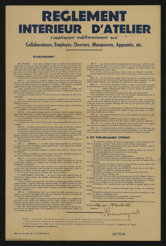ETAMPES.- Réglement intérieur d'atelier s'appliquant indifféremment aux collaborateurs, employés, ouvriers, manoeuvriers, apprentis, avril 1947. 