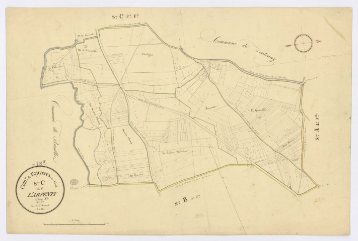 BRUYERES-LE-CHATEL. - Section C - de l'Arpenty, 1, ech. 1/2500, coul., aquarelle, papier, 61x90 (1820).