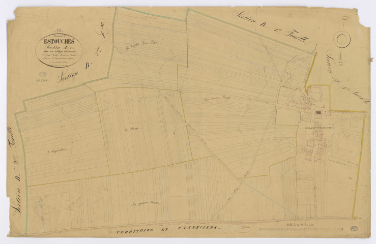 ESTOUCHES. - Section A - Village (le), 2, ech. 1/1250, coul., aquarelle, papier, 67x105 (1831). 