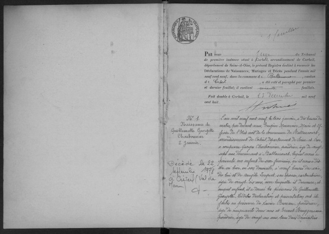 BALLANCOURT-SUR-ESSONNE.- Naissances, mariages, décès : registre d'état civil (1909). 