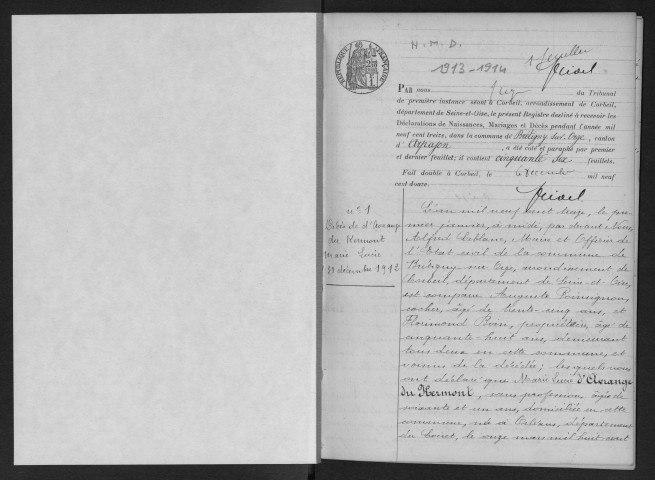 BRETIGNY-SUR-ORGE.- Naissances, mariages, décès : registre d'état civil (1913-1914). 