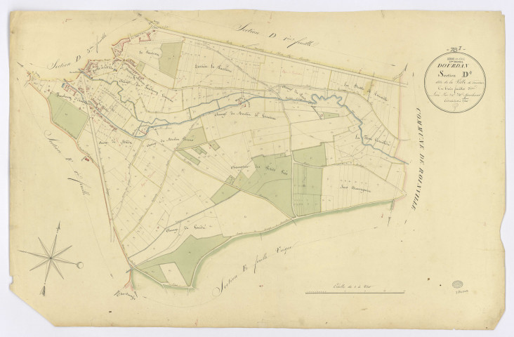 DOURDAN. - Section D - de la Ville de Dourdan, 2, ech. 1/2500, coul., aquarelle, papier, 65x99 (1826). 