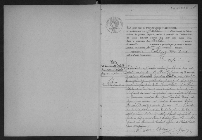 CORBEIL.- Décès : registre d'état civil. 