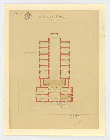 Plan de la prison d'ETAMPES : 1er étage, feuille 4, 1845. Ech. 19,9 cm = 20 m. Coul. Dim. 0,59 x 0,44. 