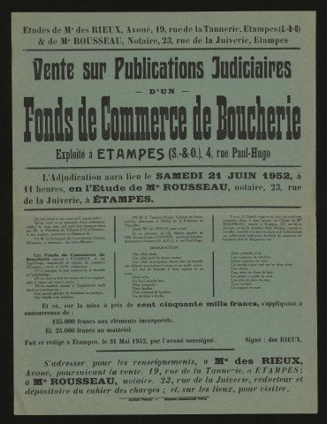 ETAMPES. - Vente sur publications judiciaires d'un fonds de commerce de boucherie, rue Paul-Hugo, 21 juin 1952. 