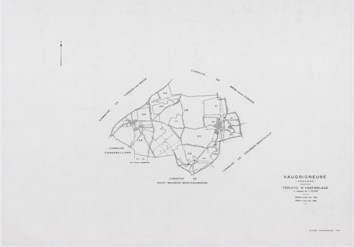 VAUGRIGNEUSE, plans minutes de conservation : tableau d'assemblage,1937, Ech. 1/10000 ; plans des sections A3, A4, B2, C3, C5, 1937, Ech. 1/1250, sections B1, C1, 1937, Ech. 1/2500, sections ZA, ZB, ZC, ZD, ZE, 1978, Ech. 1/2000. Polyester. N et B. Dim. 105 x 80 cm [13 plans]. 