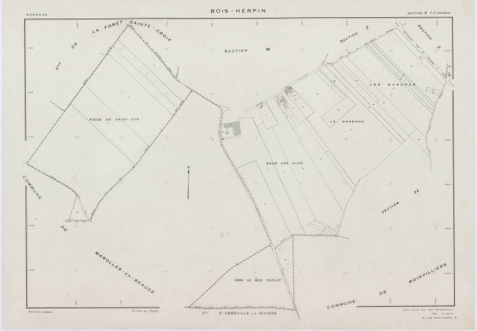 BOIS-HERPIN, plans minutes de conservation : tableau d'assemblage,1952, Ech. 1/5000; plans des sections W, X, Y, Z, 1952, Ech. 1/2000, section ZA, 1998, Ech. 1/2000. Polyester. N et B. Dim. 105 x 80 cm [6 plans]. 