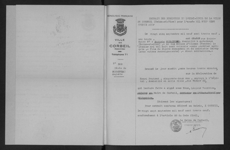 AUVERNAUX.- Naissances, mariages, décès : registre d'état civil (1905-1930). 