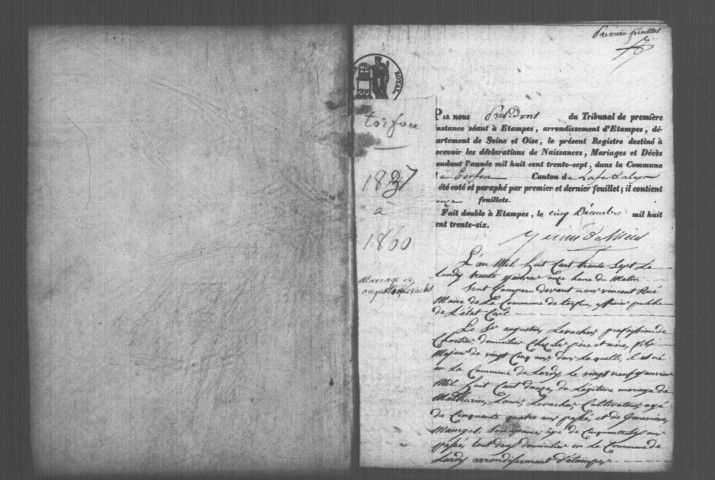 TORFOU. Naissances, mariages, décès : registre d'état civil (1837-1860). 