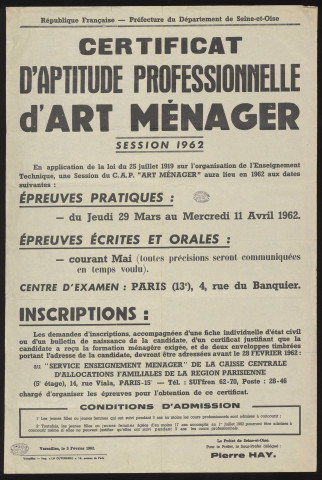 Seine-et-Oise [Département]. - Certificat d'aptitude professionnelle d'art ménager. Session 1962 : conditions d'admission, inscriptions, 5 février 1962. 