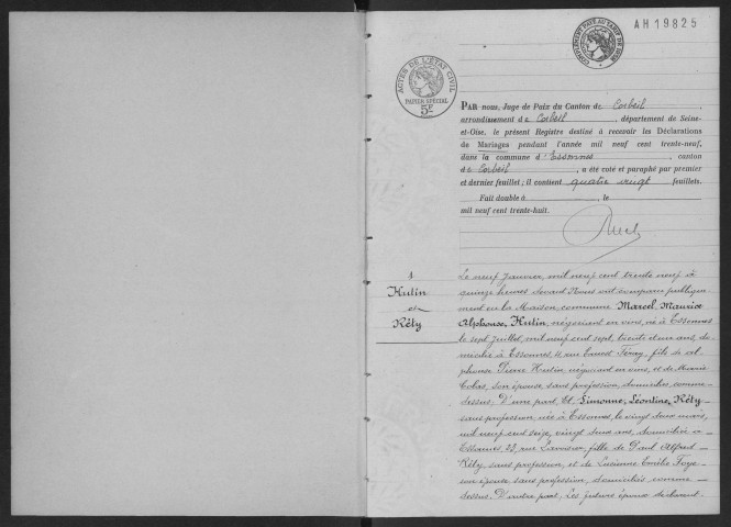ESSONNES.- Mariages : registre d'état civil. 