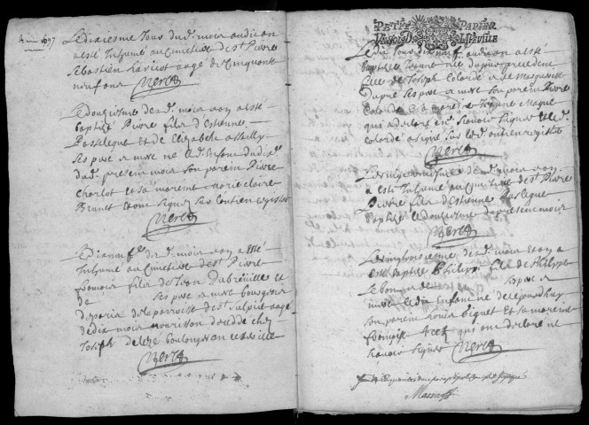 MILLY-LA-FORET. - Registre paroissial des baptêmes, mariages et sépultures (1697-1709). 