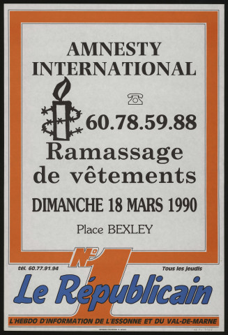 EVRY. - Ramassage de vêtements, par Amnesty international, Place Bexley, 18 mars 1990. 