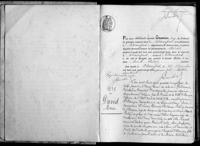 ETAMPES. Décès : registre d'état civil (1883). 