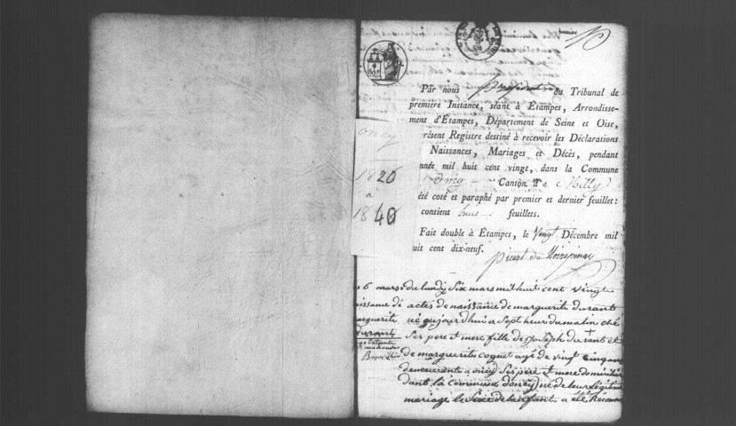 ONCY-SUR-ECOLE. Naissances, mariages, décès : registre d'état civil (1820-1840). 