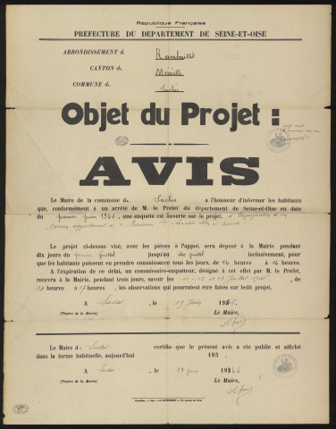 SACLAS. - Projet d'expropriation d'un terrain appartenant à Mme Veuve AUCHERE, 19 juin 1946. 