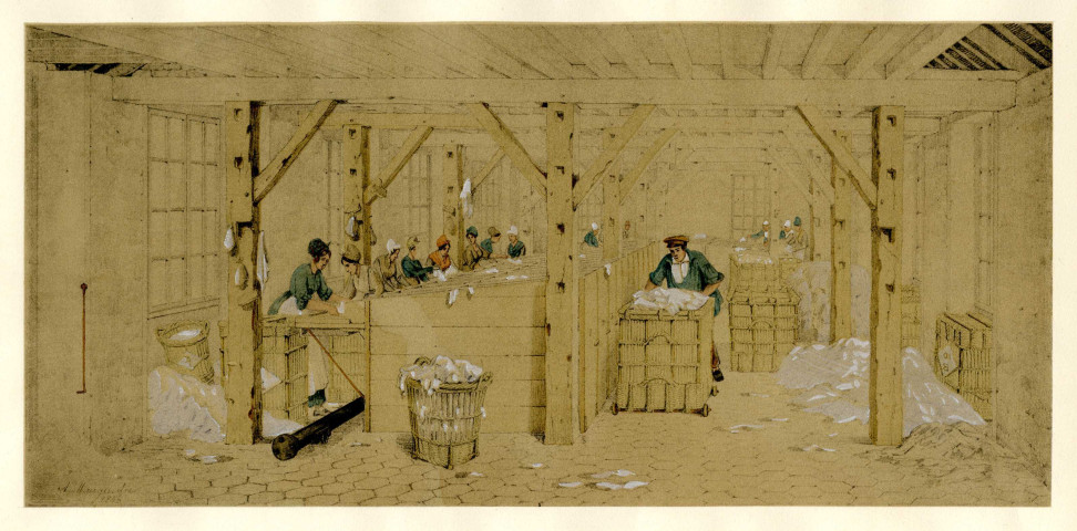 CORBEIL-ESSONNES.- La papeterie d'Essonnes, la fabrication du papier : arrivage des bacs de chiffons dans la salle de délissage, par A. Maugendre, 1846, Coul. Dim. 37 x 45 cm. [2 exemplaires]. 