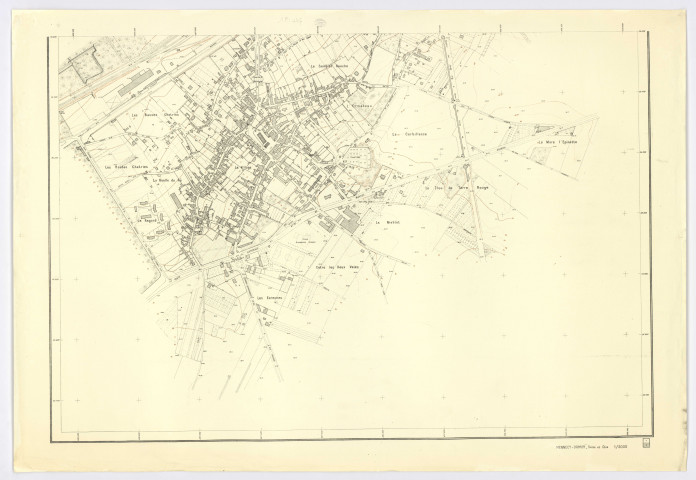 Plan topographique régulier de MENNECY, ORMOY dressé et dessiné en 1961 par M. COUSIN, géomètre-expert, vérifié par le Service du Cadastre, feuille 2, Ministère de la Construction, 1962. Ech. 1/2.000. N et B. Dim. 0,76 x 1,10. 