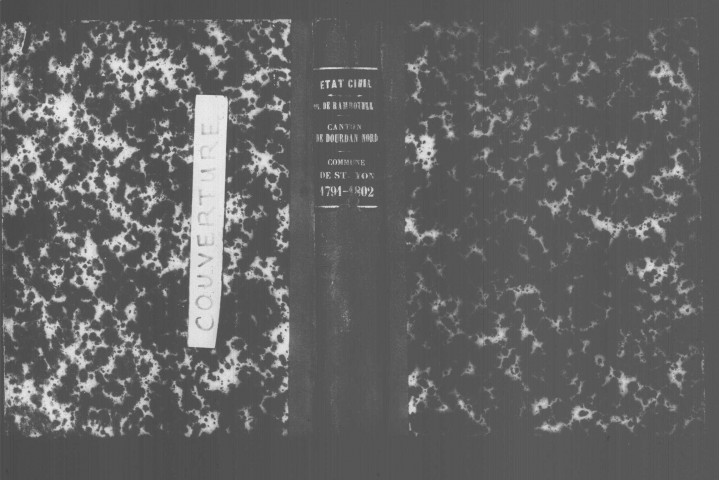 SAINT-YON. Naissances, mariages, décès : registre d'état civil (1791-an XI). [mariages (an VII et les six premiers mois de l'an VIII), voir 4E506. Lacunes : N.M.D. (an V-an VI)]. 