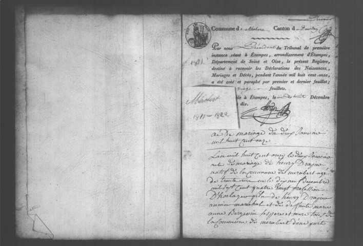 MEROBERT. Naissances, mariages, décès : registre d'état civil (1811-1822). 