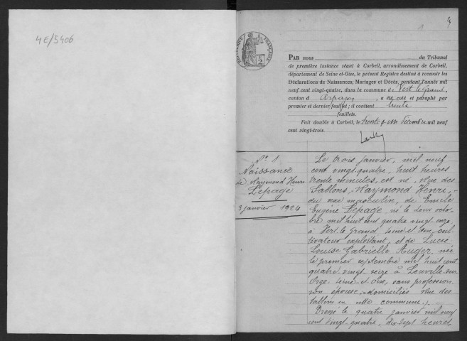 VERT-LE-GRAND. - Naissances, mariages, décès : registre d'état civil.