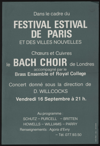 EVRY.- Concert choeurs et cuivre, par le Bach Choir de Londres, accompagné par le Brass Ensemble of Royal College, sous la direction de D. Willcokcs, 16 septembre 1977, Agora d'Evry. 