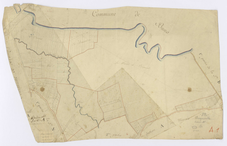 BOIGNEVILLE. - Section A - Marais (le), 1, ech. 1/1250, coul., aquarelle, papier, 67x102 (1813). 