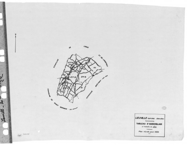 LEUVILLE-SUR-ORGE .- Cadastre révisé pour 1936 : plan du tableau d'assemblage, plans de la section A les Sauvages, section C la Rue Glatigny, section D le Parc ; cadastre révisé pour 1936 mis à jour pour 1968 : plan de la section A les Sauvages ; cadastre révisé pour 1936 mis à jour pour 1971 : plan de la section C la Rue de Glatigny, [6 plans]. 