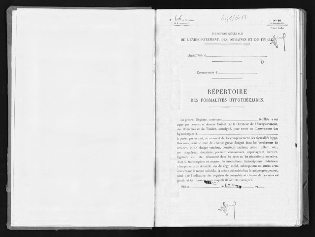 Conservation des hypothèques de CORBEIL. - Répertoire des formalités hypothécaires, volume n° 606 : A-Z (registre ouvert en 1938). 