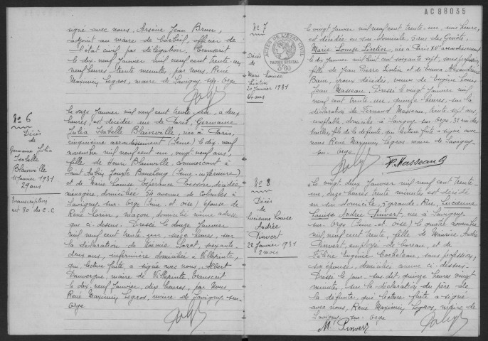 SAVIGNY-SUR-ORGE. - Décès : registre d'état civil.