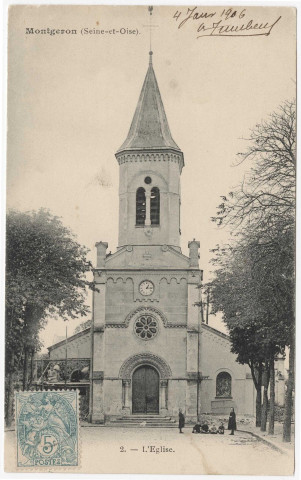MONTGERON. - L'église [1906, timbre à 5 centimes]. 