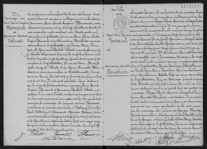 VIRY-CHATILLON. - Mariages : registre d'état civil.