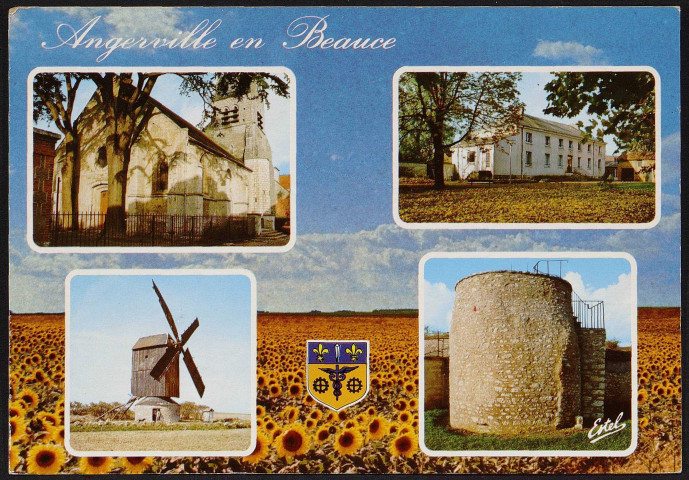 Angerville.- L'église Saint-Pierre et Saint-Eutrope, la maison de retraite Sainte-Cécile, le moulin, la tour (ancien rempart de la ville) (22 décembre 1988). 
