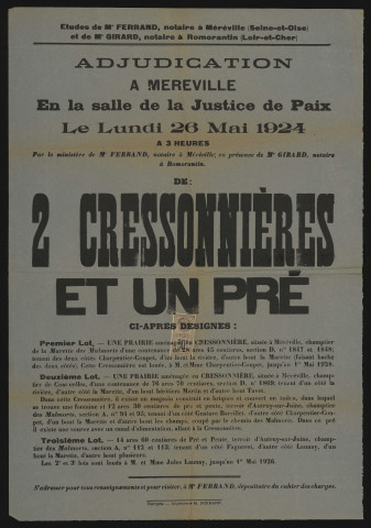 MEREVILLE. - Vente par adjudication de deux cressonnières et d'un pré, 26 mai 1924. 