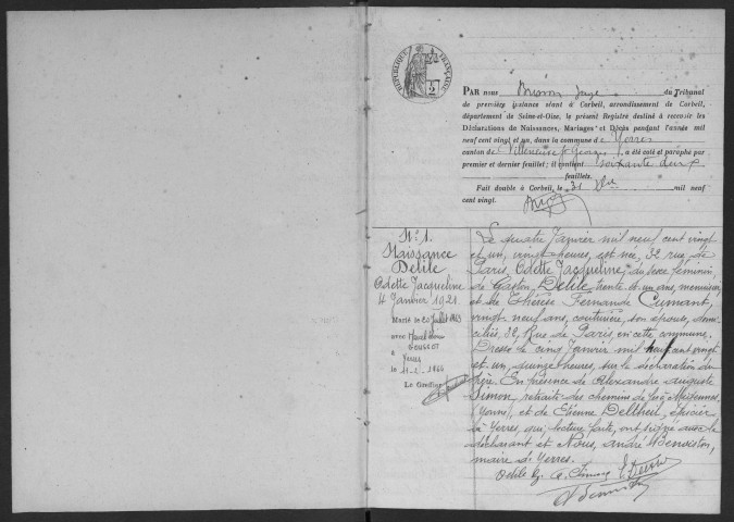 YERRES. - Naissances, mariages, décès : registre d'état civil.