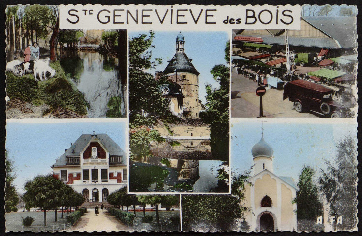SAINTE-GENEVIEVE-DES-BOIS.- L'Orge, le marché, l'hôtel de ville, le donjon et la chapelle russe [1950-1960]. 