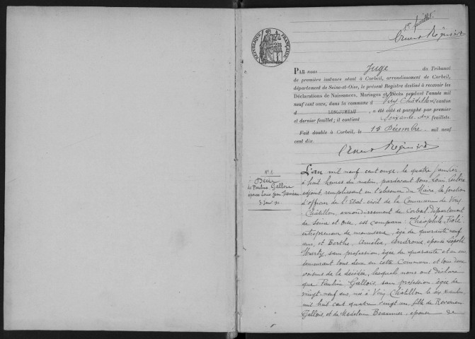 VIRY-CHATILLON. - Naissances, mariages, décès : registre d'état civil.