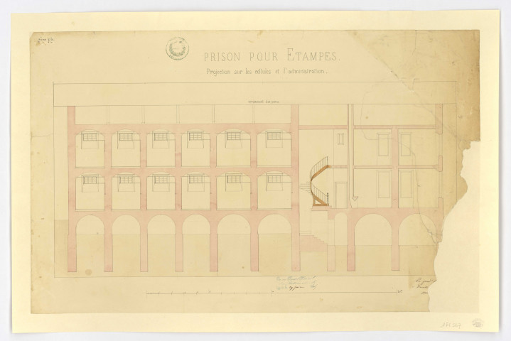 Plan de la prison d'ETAMPES : projection sur les cellules et l'administration, feuille 6, 1845. Ech. 39,8 cm = 20 m. Coul. Dim. 0,45 x 0,71. 
