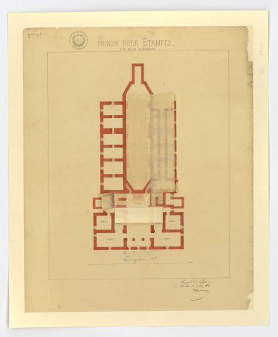 Plan du sous-sol ou soubassement de la prison d'ETAMPES, feuille 2, 1845. Ech. 19,9 cm = 20 m. Coul. Dim. 0,57 x 0,46. 