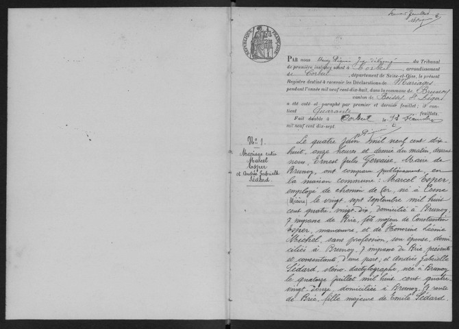 BRUNOY.- Mariages : registre d'état civil (1918). 