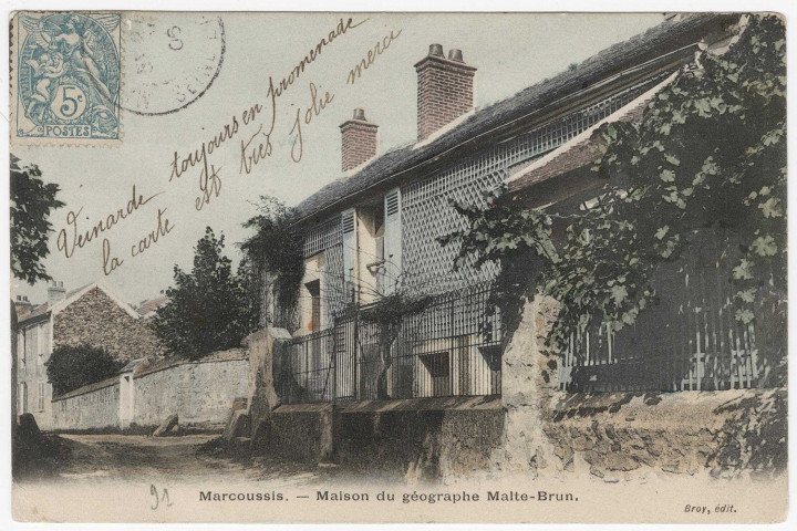 MARCOUSSIS. - Maison du géographe Malte-Brun [Editeur Broy, 1905, 2 timbres à 5 centimes, coloriée]. 
