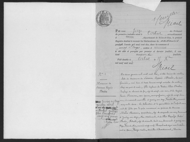 JUVISY-SUR-ORGE. - Naissances : registre d'état civil. 